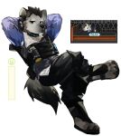  absurd_res anthro arknights black_hair clothed clothing ear_piercing fur grey_body grey_fur hair hi_res hyaenid hypergryph kitai_su looking_at_viewer male mammal piercing relaxing simple_background solo spot_(arknights) spotted_hyena studio_montagne video_games 