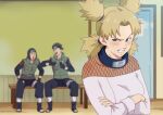  1girl 2boys blonde_hair blush multiple_boys naruto_(series) ninja sitting teeth temari_(naruto) vyzov_tv 