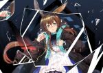  1girl amiya_(arknights) animal_ears arknights artist_name as_yinshimao bangs black_jacket blue_eyes brown_hair jacket jewelry long_hair long_sleeves looking_at_viewer open_mouth ponytail rabbit_ears rabbit_girl reflection ring shards shirt solo upper_body white_shirt 