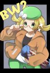  1girl bianca_(pokemon) blonde_hair bow glasses green_eyes green_headwear green_pants hat hat_bow highres jacket looking_at_viewer orange_jacket pants poke_ball pokemon pokemon_(game) pokemon_bw2 shirt smile solo umiru upper_body white_bow 