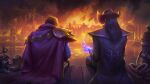  2022 2boys beard brown_hair cape card cloud cloudy_sky coat destroyed facial_hair fire glowing graves_(league_of_legends) gun hat highres hugolam league_of_legends male_focus mature_male messy_hair mitchmalloy multiple_boys night night_sky ocean official_art outdoors pants rune shirt sitting sky smoke tmhlaba twisted_fate universe water weapon wooden_floor 