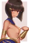  1girl :q armlet assal_(sennen_sensou_aigis) bangs black_hair blush bob_cut border breasts brown_eyes clothes_lift commentary_request dark-skinned_female dark_skin egyptian egyptian_clothes eyebrows_visible_through_hair from_side gold_trim hair_ornament hairclip highres licking_lips lifted_by_self looking_at_viewer naughty_face nipples outside_border sennen_sensou_aigis shield shirt_lift short_hair small_breasts solo tongue tongue_out tsuboyarou upper_body usekh_collar white_border 