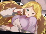  1girl bangs blonde_hair breasts caitlin_(pokemon) dress drooling eyebrows_visible_through_hair green_eyes hat highres large_breasts long_hair long_sleeves looking_at_viewer one_eye_closed pokemon pokemon_(game) pokemon_bw sleepy solo umiru upper_body very_long_hair 