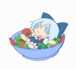  1girl blue_eyes blue_hair bow bowl cirno dress food fumo_(doll) hair_bow ice ice_wings ribbon salad short_hair simple_background skullchimes smile solo touhou v-shaped_eyebrows white_background wings 