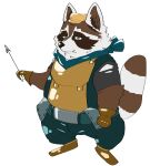  2022 anthro arrow_(weapon) biped blue_eyes brown_body clothed clothing hat headgear headwear hi_res humanoid_hands kemono male mammal procyonid raccoon ranged_weapon simple_background slightly_chubby solo weapon white_background yanununununu 