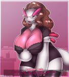  absolute_territory absurd_res anthro big_breasts bra breasts brown_hair cleavage clothed clothing dialogue female hair hi_res huge_breasts legendary_pok&eacute;mon legwear lipstick lugia makeup mature_female nintendo pok&eacute;mon pok&eacute;mon_(species) pulling_clothing pulling_shirt_down seductive shiny_pok&eacute;mon smile solo stockings teacher text underwear video_games wide_hips wingedwilly 