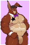  anthro areola barazoku belly biceps big_belly bow_tie brown_body brown_fur burnie_(character) clothing cuffs_(clothing) eyebrows fur genitals hat headgear headwear hi_res humanoid_genitalia humanoid_penis lagomorph leporid male mammal mostly_nude muscular muscular_anthro muscular_male muscular_thighs navel nipples overweight overweight_anthro overweight_male pecs penis pubes purple_eyes quads rabbit seintaur smile solo star_tattoo tan_body tan_fur tattoo thick_thighs thong thong_down underwear vein veiny_penis 