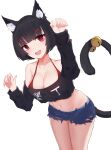  1girl absurdres animal_ear_fluff animal_ears azur_lane bangs bare_shoulders bell black_sleeves blue_shorts blunt_bangs bra breasts cat_ears cat_girl cat_tail cleavage cowboy_shot curled_fingers fang gumifans highres jingle_bell large_breasts leaning_forward long_sleeves looking_at_viewer navel off-shoulder_shirt off_shoulder open_mouth paw_pose red_bra red_eyes shadow shirt short_shorts shorts simple_background skin_fang solo tail thick_eyebrows torn_clothes torn_legwear underwear uneven_eyes white_background yamashiro_(azur_lane) 
