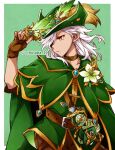  1boy alternate_costume artifact_(genshin_impact) belt bishounen brown_choker brown_gloves capelet choker cyno_(genshin_impact) dark-skinned_male dark_skin fingerless_gloves flower genshin_impact gloves green_capelet green_headwear hair_over_one_eye hat hat_feather holding holding_quill hutaba_29 long_hair looking_to_the_side male_focus orange_eyes quill tricorne white_flower white_hair 