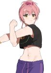  1girl absurdres black_shirt blush crop_top crossed_arms garuku1120 gym_pants highres idolmaster idolmaster_cinderella_girls jougasaki_mika light_smile navel pink_hair ponytail shirt simple_background solo stretch sweatdrop white_background 