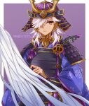  1boy alternate_costume armor artifact_(genshin_impact) cyno_(genshin_impact) dark-skinned_male dark_skin dou feathers genshin_impact hair_over_one_eye helmet hutaba_29 japanese_armor kabuto_(helmet) long_hair long_sleeves looking_at_viewer male_focus orange_eyes shikoro shoulder_armor sode white_hair wide_sleeves 