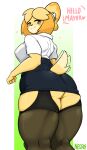  &lt;3 2021 animal_crossing anthro blonde_hair blush butt canid canine clothing dialogue english_text floppy_ears hair hi_res isabelle_(animal_crossing) legwear looking_at_viewer mammal motion_blur negsus nintendo signature smile solo speech_bubble text video_games 