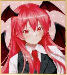  1girl :&gt; bat_wings breasts eyelashes hair_between_eyes head_wings kageharu koakuma long_hair long_sleeves looking_at_viewer marker_(medium) necktie red_eyes red_hair red_necktie shikishi shirt simple_background smile solo touhou traditional_media upper_body vest white_shirt wings 