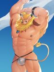  abs anthro armpit_hair bandai_namco biceps blonde_hair body_hair clothed clothing digimon digimon_(species) felid hair hi_res leomon lion male mammal mane muscular muscular_anthro muscular_arms muscular_male pantherine pecs pose salz_sop scar skimpy solo thong underwear 