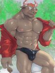  abs anthro bovid bovine bulge cattle clothed clothing erection erection_under_clothing genital_outline gyumao hair horn lifewonders male mammal muscular muscular_anthro muscular_male nipples pecs penis_outline red_hair salz_sop solo thong tokyo_afterschool_summoners underwear video_games 