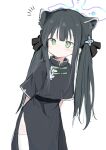  1girl animal_ears bangs black_dress black_hair blue_archive blush china_dress chinese_clothes closed_mouth dress green_eyes hair_ribbon halo highres long_hair low_twintails notice_lines ribbon sanma_(tabet_) short_sleeves shun_(blue_archive) shun_(small)_(blue_archive) side_slit simple_background solo thighhighs tiger_ears twintails white_background white_legwear 
