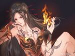  1girl armor armored_dress bare_shoulders black_background black_hair blue_eyes breasts cleavage fire hair_ornament hand_in_own_hair hand_on_own_face hand_up long_hair looking_to_the_side qin_shi_ming_yue smile solo tattoo yanling_ji_(qin_shi_ming_yue) yanling_ji_he_li_hua_juepei 