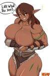  2021 areola breasts brown_body brown_hair brown_skin clothing dialogue english_text female hair hi_res humanoid humanoid_pointy_ears long_hair muscular muscular_female muscular_humanoid negsus not_furry orange_eyes signature simple_background smile solo speech_bubble text white_background 