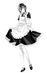  1girl absurdres alternate_costume apron bangs bow bowtie chainsaw_man clothes_lift dress dress_lift enmaided eyebrows_visible_through_hair full_body greyscale hand_on_own_chest highres looking_at_viewer maid maid_apron maid_headdress medium_hair monochrome open_mouth reze_(chainsaw_man) shoes short_sleeves simple_background smile socks solo standing suprii white_apron 