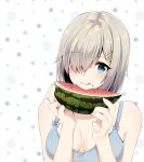  1girl :q alternate_costume bangs blue_eyes blush breasts eating eyebrows_visible_through_hair food fruit grey_hair hair_between_eyes hair_ornament hair_over_one_eye hairclip hamakaze_(kancolle) holding holding_food holding_fruit kantai_collection large_breasts looking_at_viewer mimamui polka_dot polka_dot_background short_hair simple_background solo tongue tongue_out upper_body watermelon watermelon_seeds 