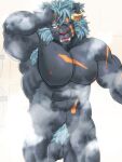  abs anthro armpit_hair balls body_hair flaccid foreskin genitals hi_res horn krampus_(housamo) lifewonders male monster muscular muscular_anthro muscular_male nude pecs penis pubes scar shower solo tamineko tokyo_afterschool_summoners tusks video_games 