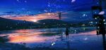  1girl absurdres blue_hair blurry bridge bug chinese_commentary cloud facing_away firefly from_behind full_body highres house lifeline_(a384079959) mountainous_horizon original outdoors petals reflection river rock scenery sky solo standing sunrise utility_pole 