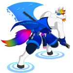  anthro belt blazblue bottomwear cape casual_exposure clothing dave_(character) elemental_manipulation equid equine eyewear genitals gloves goggles handwear horn jin_kisaragi male mammal melee_weapon notkastar penis rainbow ripples shorts solo sword unicorn video_games water water_manipulation weapon wings 