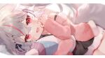  1girl :d animal animal_ears commentary copyright_name gao guild_cq happy holding holding_pillow jacket kurenagi_eri looking_at_viewer lying multicolored_hair pillow red_eyes skirt smile solo streaked_hair tail toufu_mentaru_zabuton virtual_youtuber white_hair 