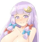  1girl arnest bangs blue_bow blush bow breasts cleavage closed_mouth crescent crescent_hair_ornament eyebrows_visible_through_hair hair_bow hair_ornament huge_breasts long_hair looking_at_viewer no_hat no_headwear nose_blush out-of-frame_censoring patchouli_knowledge purple_eyes purple_hair red_bow simple_background solo touhou upper_body white_background 