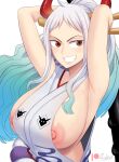  1girl armpits arms_behind_head arms_up breasts devilukez grin highres horns huge_breasts long_hair looking_at_viewer nipple_slip nipples one_piece red_eyes sideboob simple_background smile solo upper_body white_background white_hair yamato_(one_piece) 