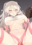  1boy 1girl bangs blush breasts commentary_request conte_di_cavour_(kancolle) crop_top dark-skinned_male dark_skin gloves grey_hair hair_between_eyes kantai_collection large_breasts long_hair parted_lips pink_ribbon ribbon shin_(new) simple_background solo_focus suggestive_fluid sweat white_gloves 