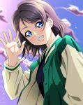  1girl absurdres artist_name black_shirt blue_eyes blush grin hand_up highres isami_don jacket light_brown_hair long_sleeves looking_at_viewer love_live! love_live!_sunshine!! open_clothes open_jacket shirt short_hair smile solo teeth upper_body watanabe_you waving 
