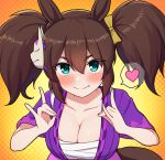  1girl animal_ears blue_eyes blush breasts brown_hair cleavage collarbone commentary_request fang fox_shadow_puppet heart horse_ears horse_girl horse_tail inari_one_(umamusume) japanese_clothes large_breasts medium_hair sarashi simple_background smile solo spoken_heart tail takiki umamusume 