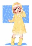  1girl bangs blush boots coat full_body kaiboukan_no._4_(kancolle) kantai_collection long_sleeves low_twintails nassukun open_mouth rain rain_boots raincoat red_eyes red_hair see-through short_twintails simple_background solo standing twintails wet wet_clothes yellow_coat yellow_footwear 