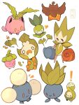  ! :3 artist_name blush bounsweet budew closed_mouth commentary english_commentary fang fang_out frown highres hoppip jumpluff leaf no_humans oddish orange_eyes petilil pokemon pumpkaboo roselia sewaddle simple_background smile standing tiki_(tikivt) white_background yellow_eyes 