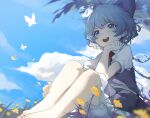  1girl barefoot blue_bow blue_dress blue_eyes blue_hair blush bow cirno day detached_wings dress fairy feet flower foreshortening hair_bow ice ice_wings open_mouth puffy_short_sleeves puffy_sleeves shirt short_hair short_sleeves siyumu smile solo toes touhou white_shirt wings yellow_flower 