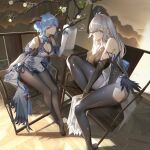  2girls absurdres blue_hair breasts clothing_cutout dress elbow_gloves flower ganyu_(genshin_impact) genshin_impact gloves grey_eyes grey_hair hair_over_one_eye highres large_breasts long_hair multiple_girls no_shoes pantyhose purple_eyes ribao shenhe_(genshin_impact) sitting thigh_cutout very_long_hair white_dress white_flower 