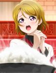  1girl absurdres artist_name blush bowl hands_up highres isami_don koizumi_hanayo light_brown_hair long_sleeves love_live! love_live!_school_idol_project open_mouth own_hands_together purple_eyes rice rice_bowl short_hair solo teeth upper_body upper_teeth 
