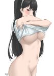  1girl absurdres artist_name black_hair blush bottomless breasts byeon commentary cowboy_shot crossed_arms from_side hairband highres large_breasts long_hair looking_at_viewer looking_to_the_side navel no_bra no_panties red_eyes shirt simple_background solo spy_x_family stomach straight_hair t-shirt underboob undressing white_background white_hairband white_shirt yor_briar 
