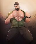  1boy abs arm_hair bara beard black_hair black_pants blood blood_on_clothes bulge chest_hair erection erection_under_clothes facial_hair green_shirt highres joel_(the_last_of_us) jojiart large_pectorals male_focus muscular muscular_male nipples pants partially_unbuttoned pectorals shirt short_hair solo the_last_of_us watch wristwatch 