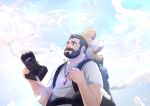  1boy arm_hair backpack bag beard bird black_hair camera cloud day dove facial_hair holding holding_camera jewelry jojiart male_focus necklace original outdoors shirt short_hair sky solo stuffed_animal stuffed_toy teddy_bear upper_body white_bird white_shirt 