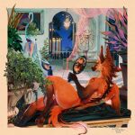  2022 album_cover anthro canid canine cover female flamingomymango fountain fur hand_mirror hi_res long_ears looking_at_mirror looking_at_object lying mammal maned_wolf mirror night_sky nude orange_body orange_fur plant plant_pot potted_plant solo stylized tasteful_nudity 