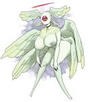  1_eye absurd_res angel anthro biblically_accurate_angel big_breasts blush breasts claws clothed clothing cross edit female fur halo hi_res horniel_(thouartphi) multi_wing nipples nude partially_clothed plastikcherub red_eyes simple_background solo white_body white_fur wings 