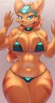  2022 against_surface angela_cross anthro big_breasts bikini breasts breasts_against_glass clothing colored complextree digital_media_(artwork) english_text female fur hi_res lombax mammal on_glass orange_body orange_fur ratchet_and_clank signature solo sony_corporation sony_interactive_entertainment swimwear text thick_thighs video_games wide_hips 