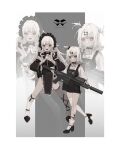  2girls absurdres albino el_(ribbon_akai) facing_viewer grey_background grey_hair gun highres long_hair looking_at_viewer mare_(ribbon_akai) multicolored_background multiple_girls original red_eyes ribbon_akai rifle short_hair weapon white_background white_hair 