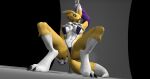  3d_(artwork) absurd_res anthro armwear bandai_namco barely_visible_genitalia barely_visible_pussy black_nose black_sclera blue_eyes breasts bridal_gauntlets claws clothed clothing crouching digimon digimon_(species) digital_media_(artwork) digitigrade dipstick_ears dipstick_tail eyebrows facial_markings female genitals hand_on_butt hand_on_own_butt head_markings hi_res kespr looking_at_viewer markings multicolored_body multicolored_ears navel neck_tuft open_mouth pole pussy renamon shoulder_tuft solo spread_legs spreading stripper stripper_pole swimwear tail_markings teeth toe_claws tongue tuft two_tone_body white_body yellow_body 