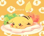 blush brown_eyes commentary_request full_body jippe lettuce lying no_humans on_stomach open_mouth pikachu pokemon pokemon_(creature) smile solo tomato_slice tongue 