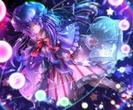  1girl book bow capelet chromatic_aberration crescent crescent_hat_ornament danmaku dress full_moon hat hat_ornament light_smile long_hair long_sleeves looking_at_viewer magic magic_circle moon open_book patchouli_knowledge purple_eyes purple_hair red_bow ribbon solo touhou zukapin 