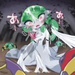  1girl ariados bangs blurry blurry_background blurry_foreground blush bob_cut breasts breath bug collarbone colored_skin commentary_request commission constricted_pupils drooling empty_eyes forest full_body gardevoir green_hair green_skin hand_up highres knee_up m3_(gardevoir_m3) mouth_drool multicolored_skin nature nose_blush open_mouth outdoors pokemon pokemon_(creature) red_eyes restrained short_hair silk sitting skeb_commission small_breasts spider spider_web spinarak tears translation_request tree two-tone_skin wavy_eyes wavy_mouth white_skin wide-eyed 