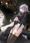 1girl absurdres apron arm_under_breasts asymmetrical_hair azur_lane bangs bellona_(armed_to_clean)_(azur_lane) bellona_(azur_lane) black_dress black_legwear blurry blurry_background breasts chandelier cirilla_lin closed_mouth clothes_lift clothing_cutout cross cross_earrings dress dress_lift earrings eyebrows_visible_through_hair garter_straps hair_between_eyes hair_ribbon highres jewelry lace-trimmed_legwear lace_trim large_breasts lifted_by_self light_particles maid maid_apron maid_headdress official_alternate_costume panties puffy_sleeves purple_eyes purple_hair ribbon short_hair side-tie_panties skindentation solo thighhighs thighs underboob_cutout underwear white_ribbon 